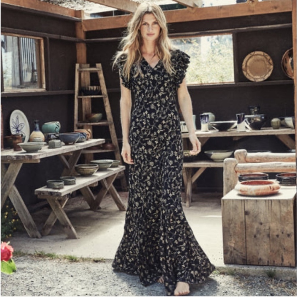 Doen Black Maxi Sundress with Flutter Sleeves and V-Neck